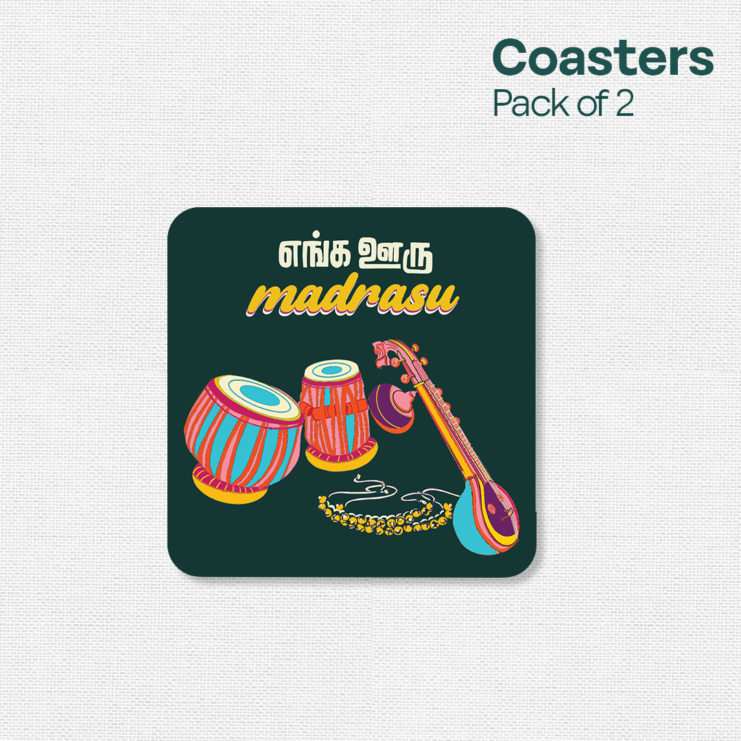 Chennai Theme Premium Wooden Tea Coaster, Pack of 2, Series 2
