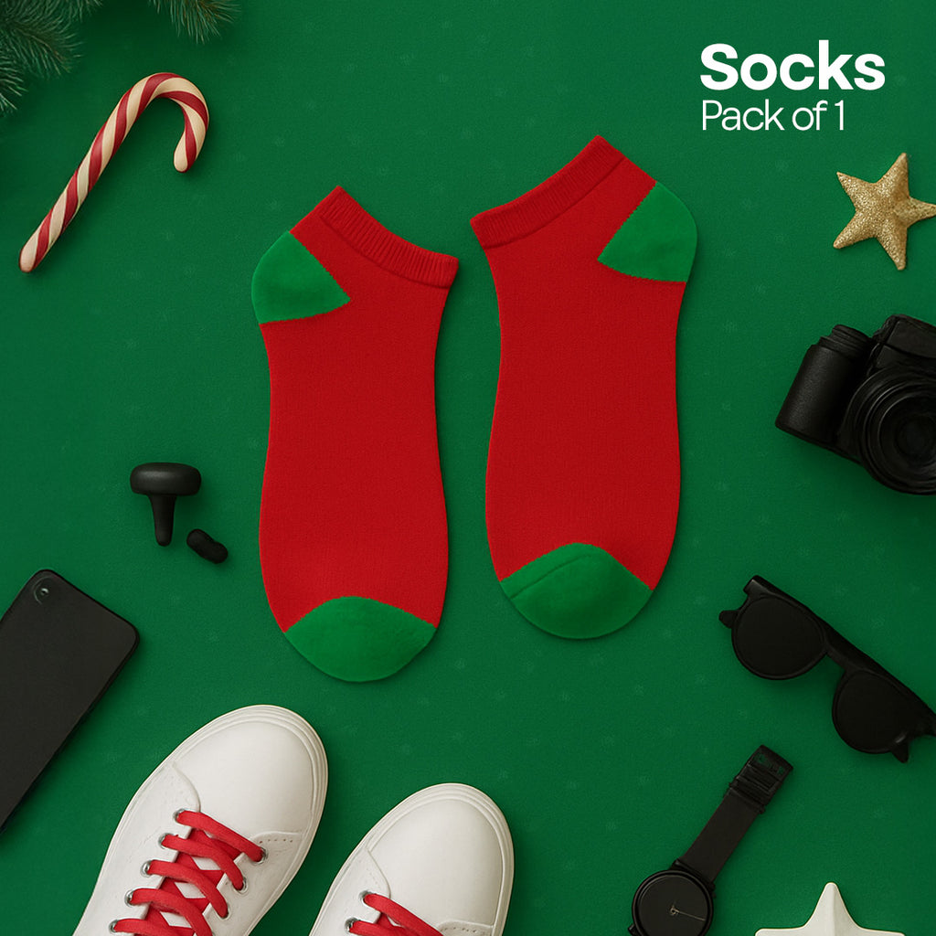 Xmas Red & Green! Mix & Match Unisex Socks, Premium Cotton, Low Ankle Length, Pack of 1