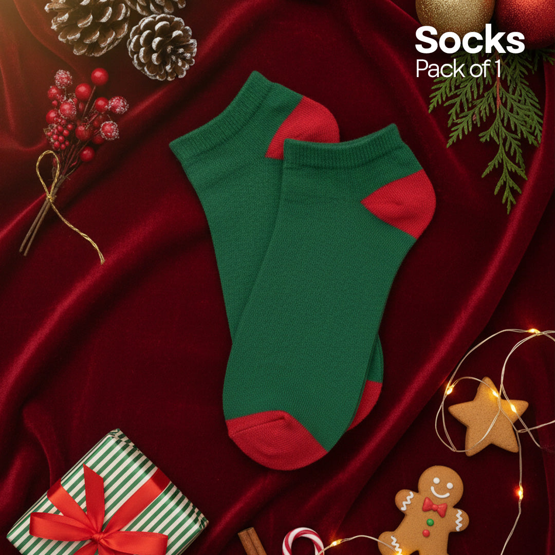 Xmas Green & Red! Mix & Match Unisex Socks, Premium Cotton, Low Ankle Length, Pack of 1