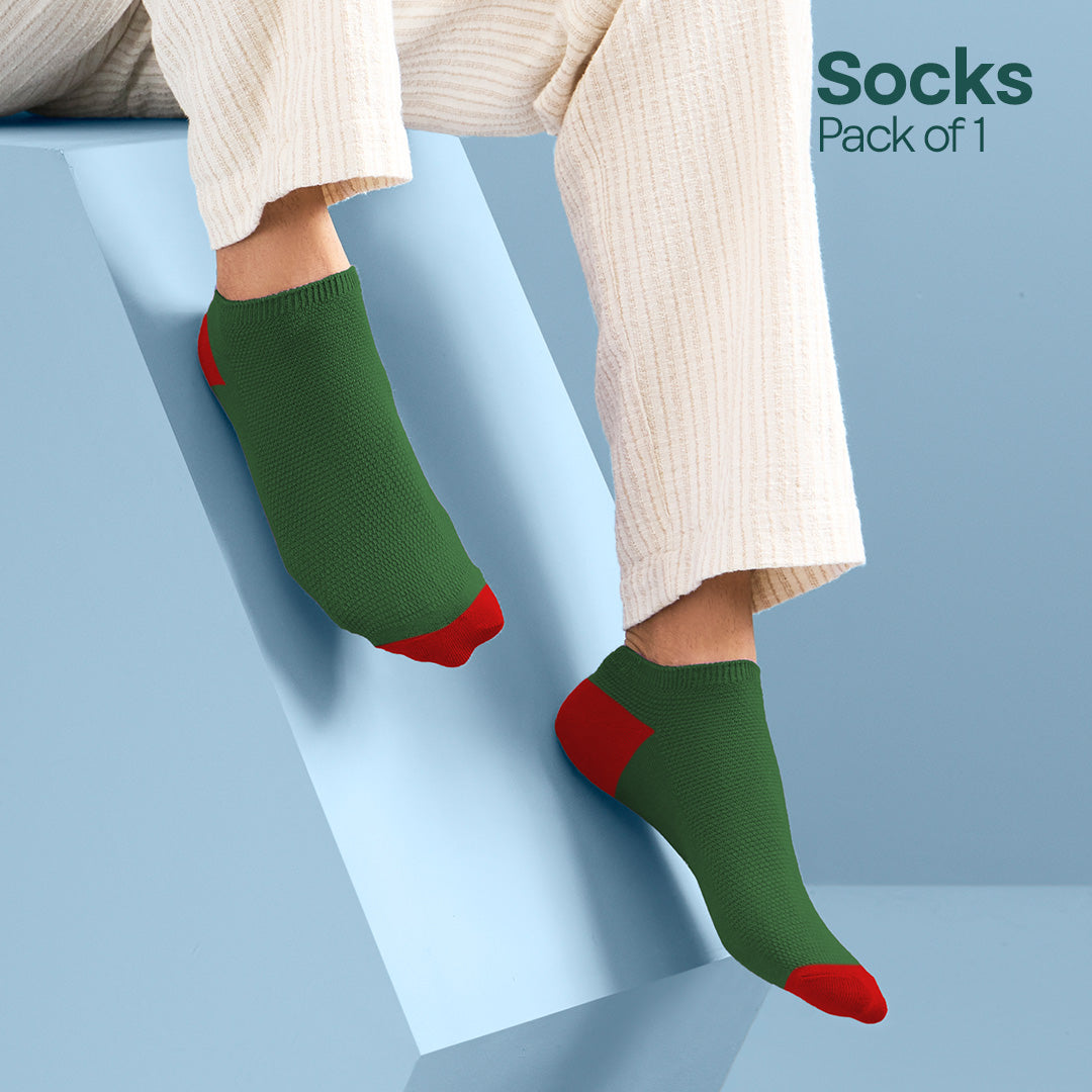 Xmas Green & Red! Mix & Match Unisex Socks, Premium Cotton, Low Ankle Length, Pack of 1