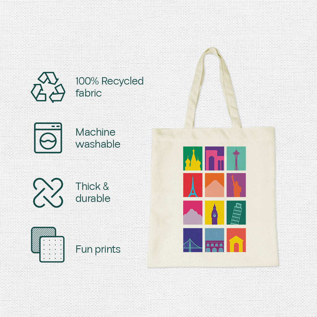 World Wonders! Canvas Tote Bag, 100% Recycled Fabric, Pack of 1