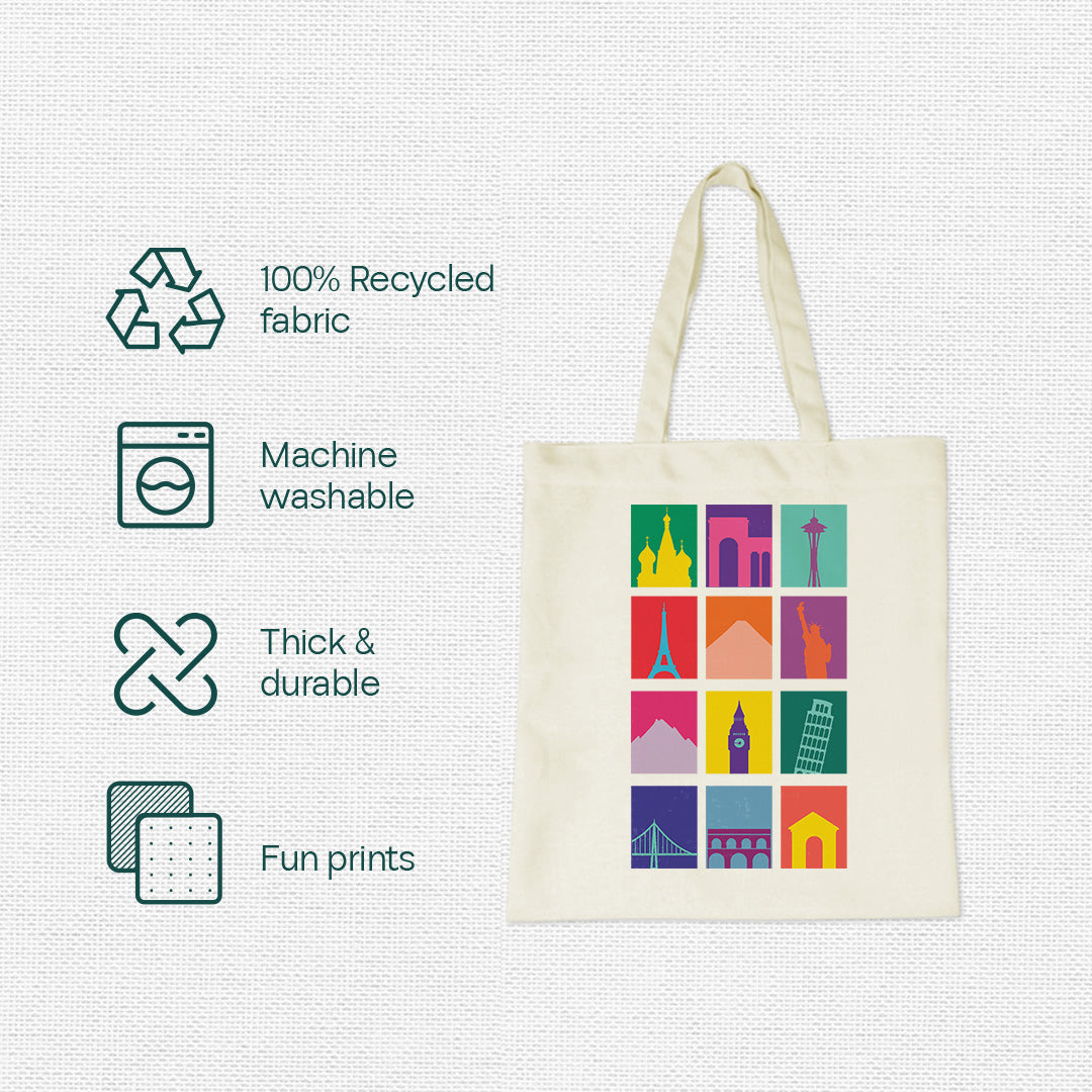 World Wonders! Canvas Tote Bag, 100% Recycled Fabric, Pack of 1