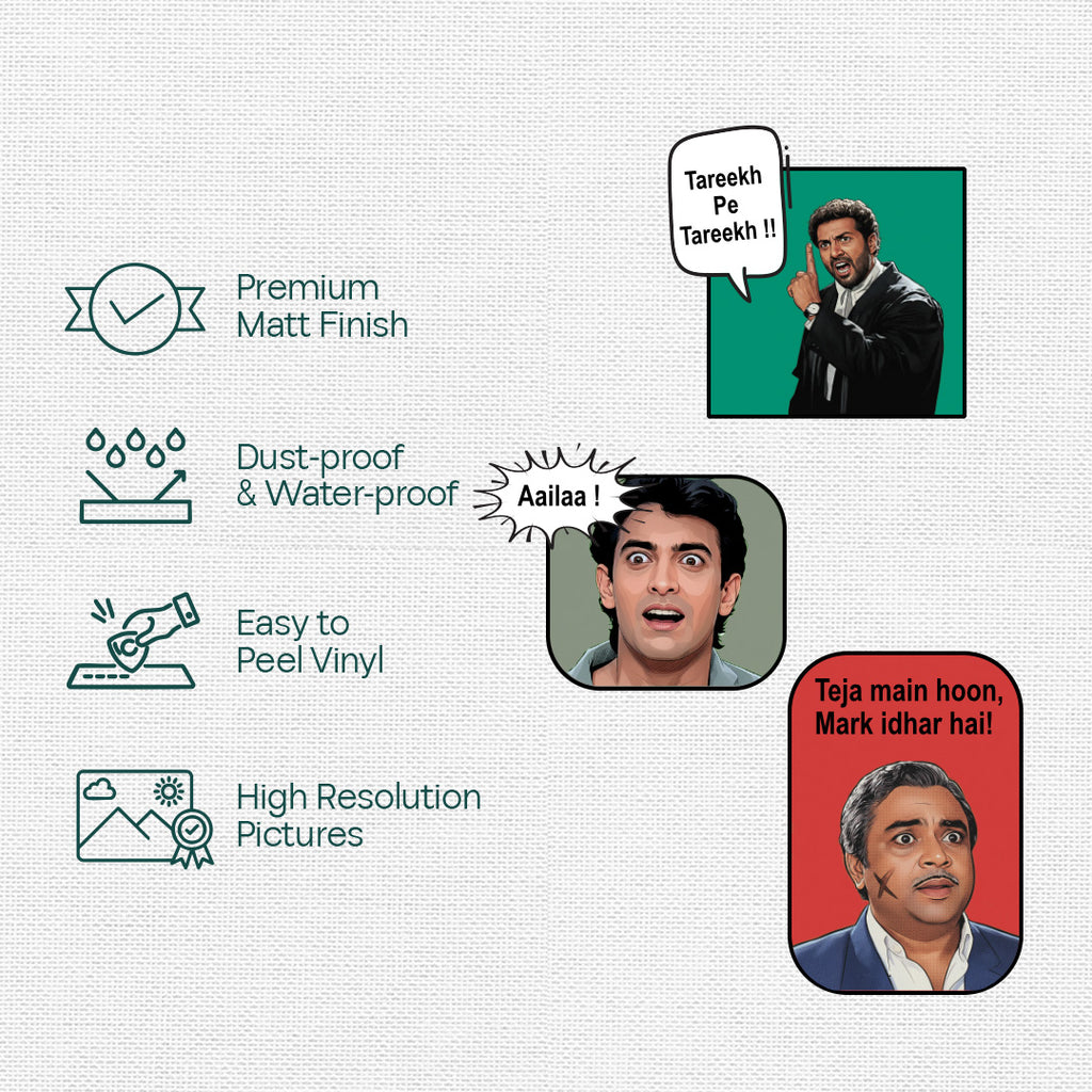 90s Bollywood Memes! Premium Matt Stickers, Pack of 15