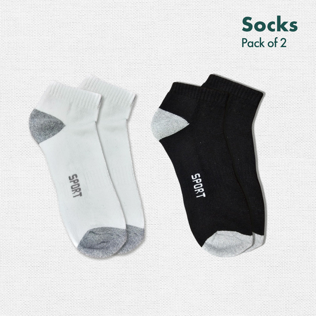 Black & White Run! Sports Socks, 100% Cotton Spandex, Ankle Length, Pack of 2
