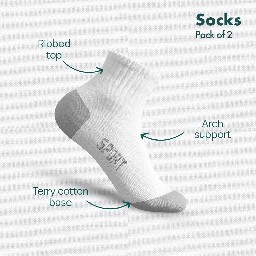 Black & White Run! Sports Socks, 100% Cotton Spandex, Ankle Length, Pack of 2
