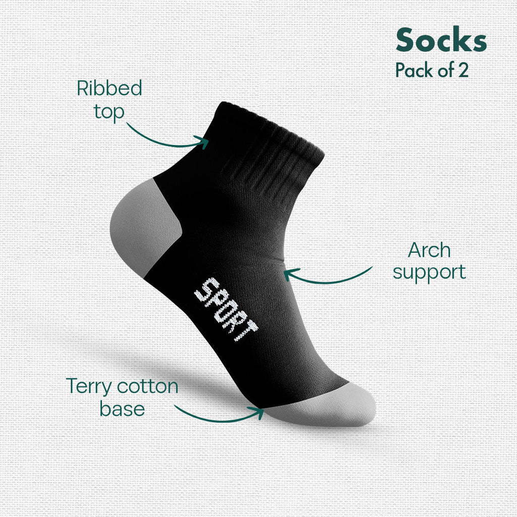 Black Thunder! Sports Socks, 100% Cotton Spandex, Ankle Length, Pack of 2