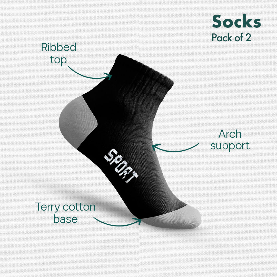 Black Thunder! Sports Socks, 100% Cotton Spandex, Ankle Length, Pack of 2