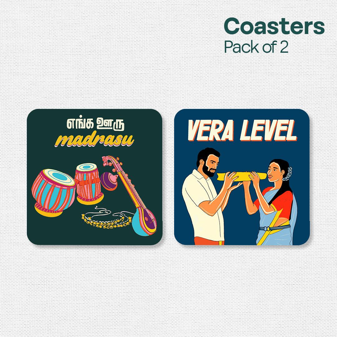 Chennai Theme Premium Wooden Tea Coaster, Pack of 2, Series 5