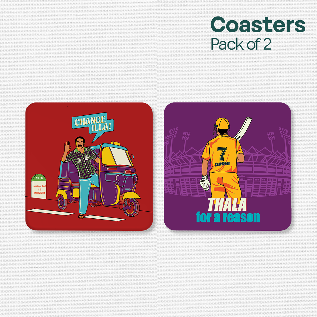 Chennai Theme Premium Wooden Tea Coaster, Pack of 2, Series 1