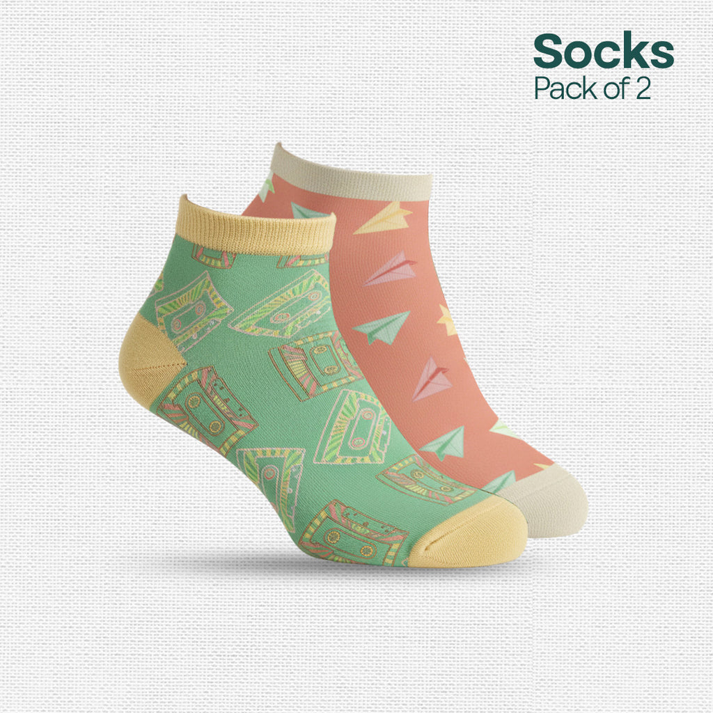 Cassette & Paperboat! Unisex Socks, Premium Cotton, Full Ankle Length, Pack of 2