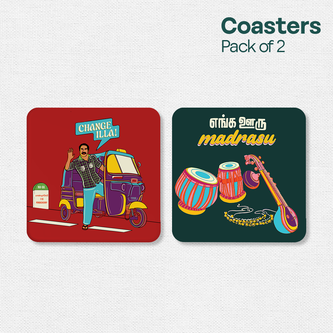 Chennai Theme Premium Wooden Tea Coaster, Pack of 2, Series 2