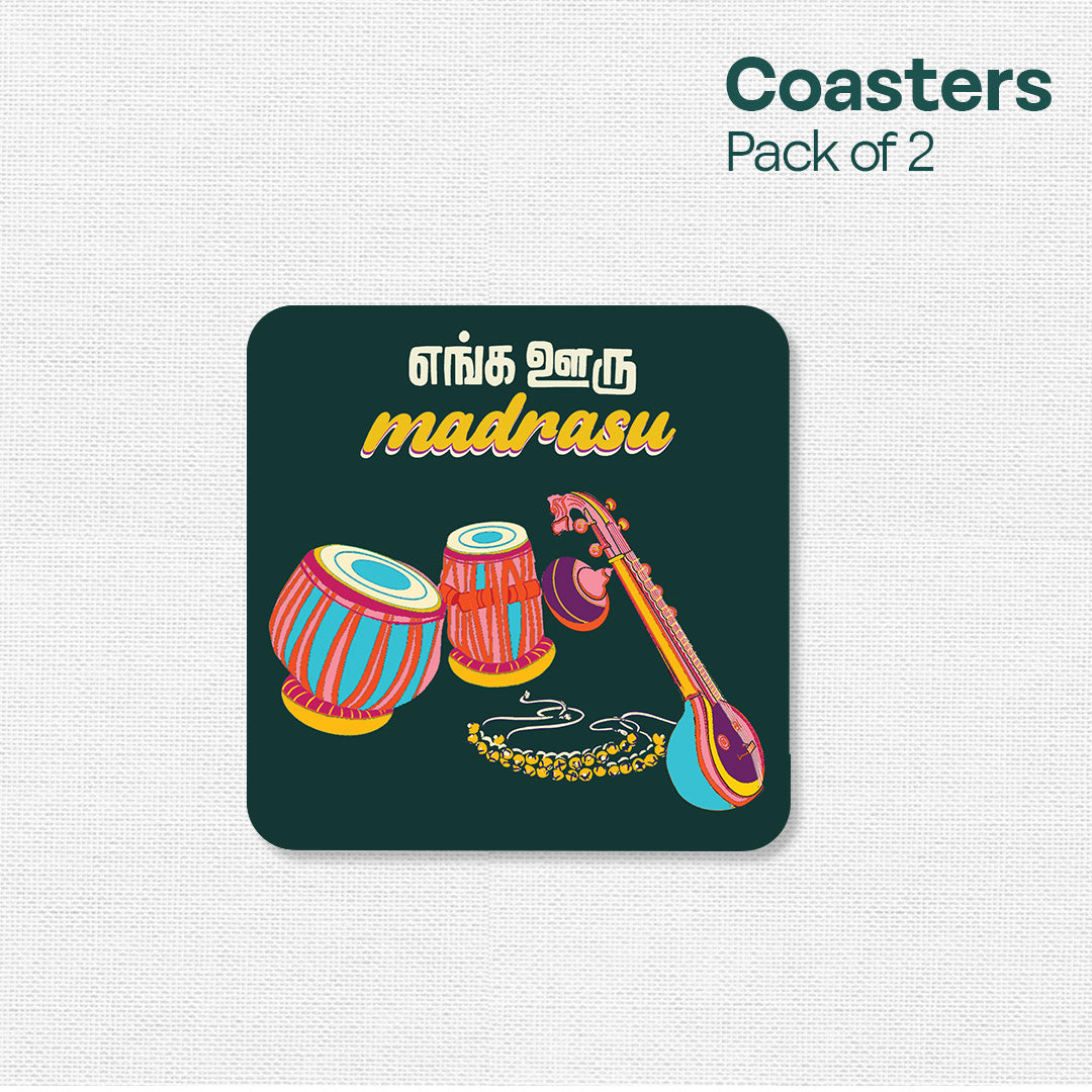 Chennai Theme Premium Wooden Tea Coaster, Pack of 2, Series 5