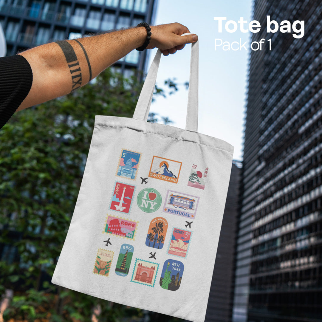 World Stamps! Canvas Tote Bag, 100% Recycled Fabric, Pack of 1
