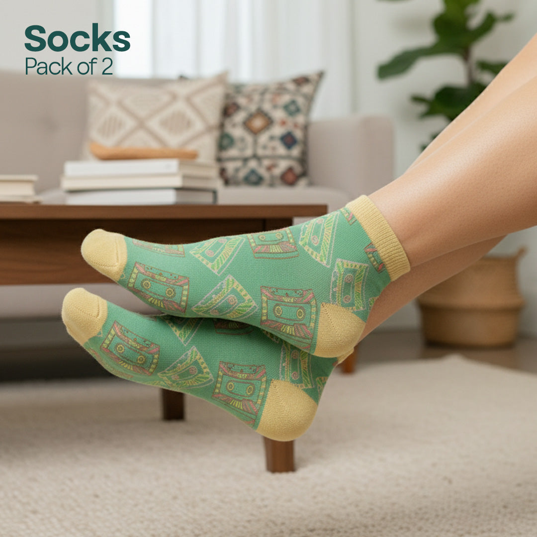 Paperplane & Cassette! Unisex Socks, Premium Cotton, Full Ankle Length, Pack of 2
