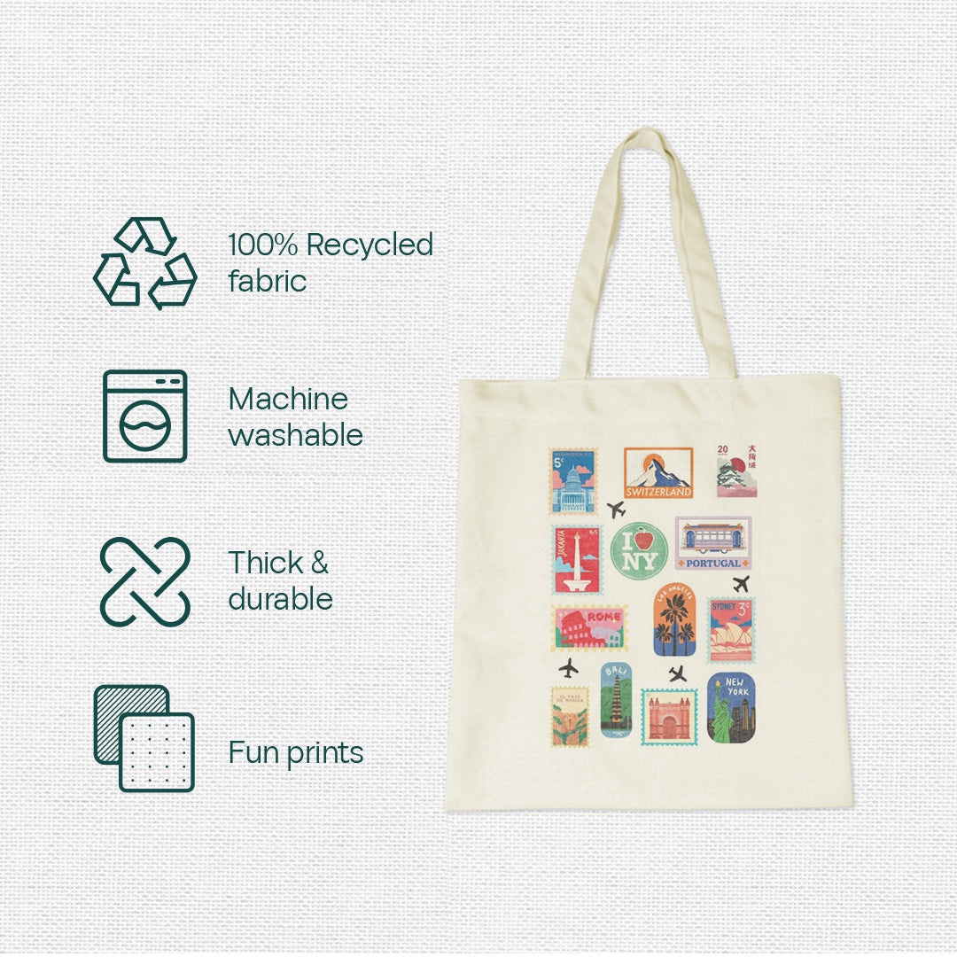 World Stamps! Canvas Tote Bag, 100% Recycled Fabric, Pack of 1
