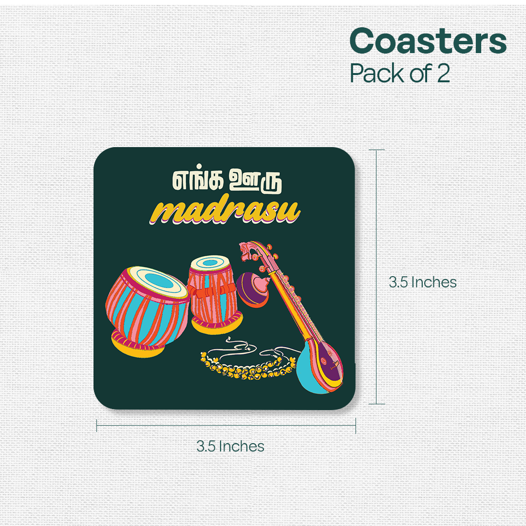 Chennai Theme Premium Wooden Tea Coaster, Pack of 2, Series 2