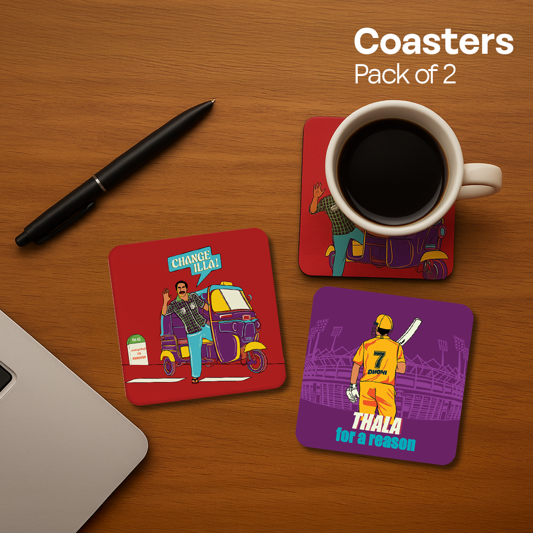 Chennai Theme Premium Wooden Tea Coaster, Pack of 2, Series 1
