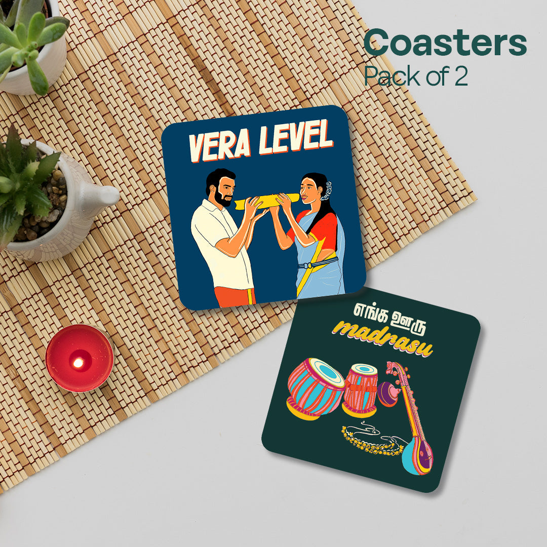 Chennai Theme Premium Wooden Tea Coaster, Pack of 2, Series 5